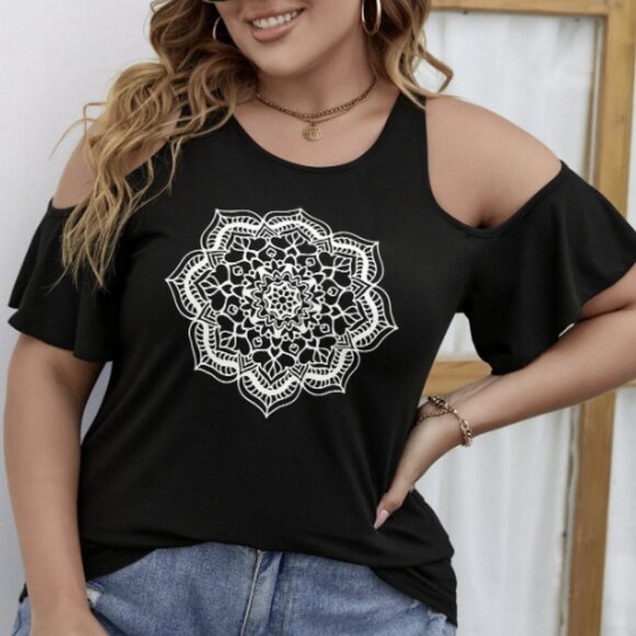 Shein Plus Cold Shoulder Floral Tee Size 4XL Black Mandala Boho Top Casual Loose - Picture 5 of 6